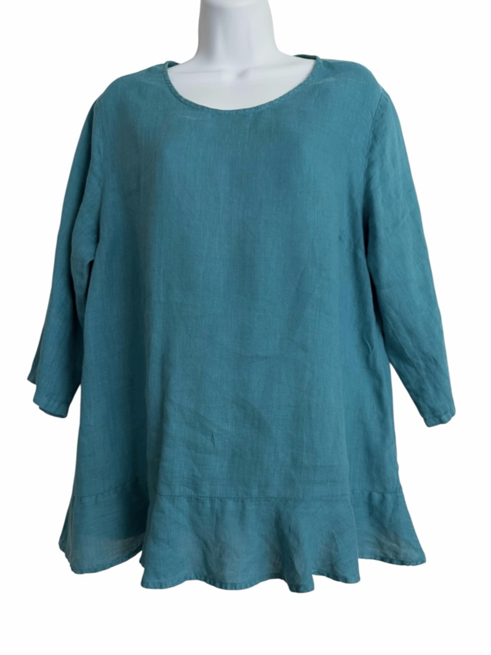 Match Point Teal Green Linen Top Blouse Tunic Size Small Ruffle Lightweight